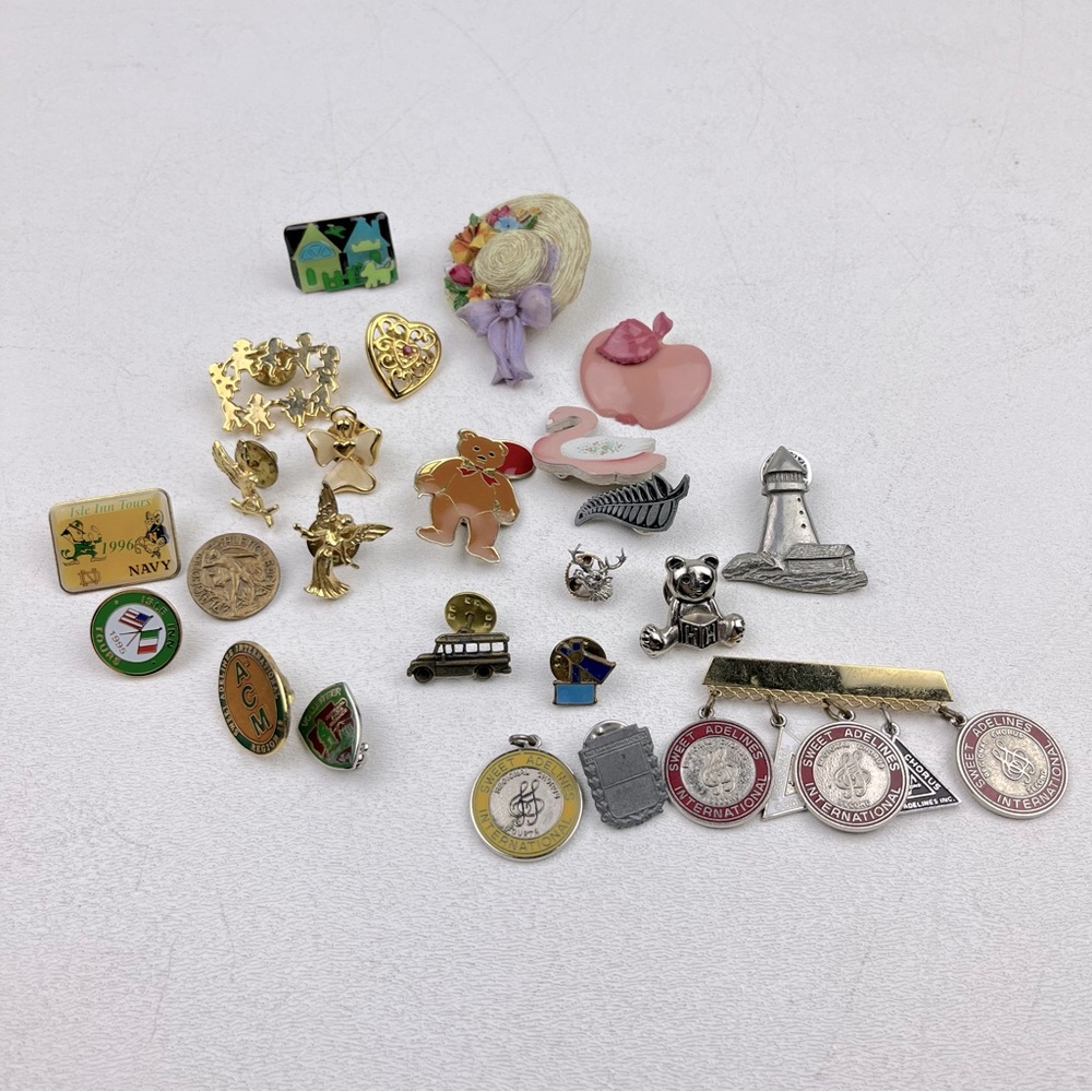 Lot of Pins - Gold, Costume, Angel, Lighthouse, Bear, Apple, Hat Heart